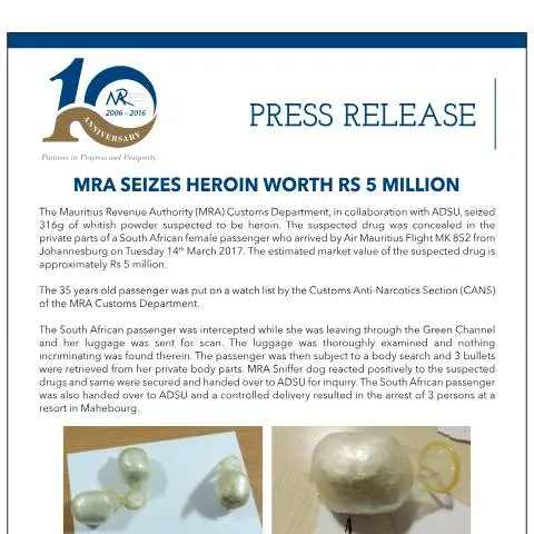 Document preview: Significant Heroin Seizure by MRA at Airport — Government & admin (PressRelease160317)