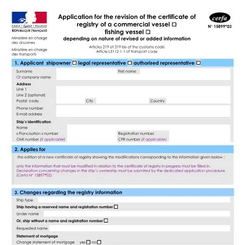Aperçu du document Demande de révision du certificat d'immatriculation maritime — Démarches administratives (CERFA n°15899*02)
