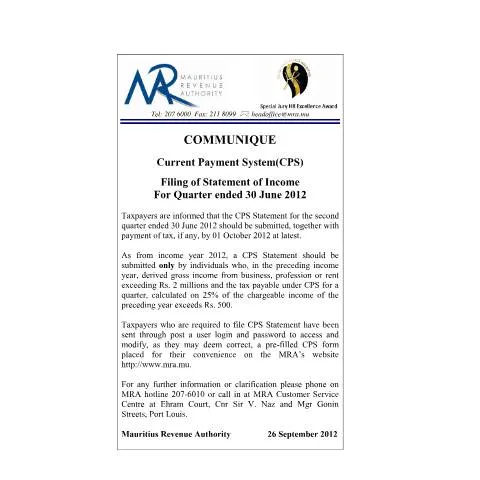 Document preview: Mauritius CPS Filing Requirements for Second Quarter 2012 — Taxes (CERFA n°CommuniqueCPS260912)