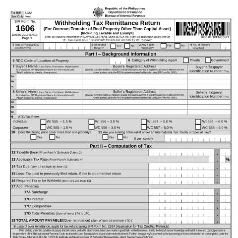 Document preview: Essential Guide to BIR Form No. 1606 for Real Property — Taxes (CERFA n°1606)