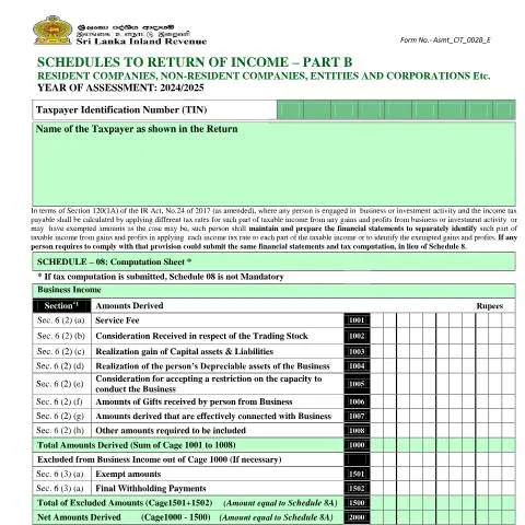 Document preview: Navigating Schedules to Return of Income , Part B for Sri Lankan — Taxes (CERFA n°Asmt_CIT_002B_2024)