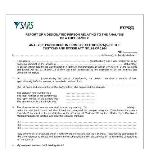 Document preview: DA 37A4 Form: Key Insights for Fuel Analysis in South Africa — Government & admin (CERFA n°DA 37A4)