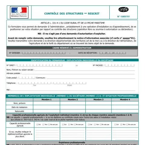 Aperçu du document Contrôle des structures agricoles : tout savoir sur le rescrit — Démarches administratives (CERFA n°15805*01)