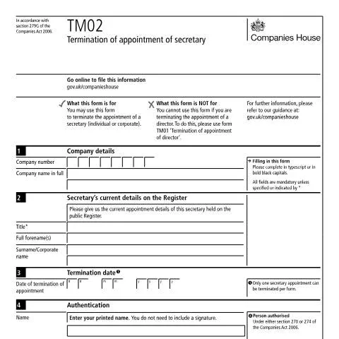 Document preview: How to Terminate Company Secretary Appointments Using Form TM02 — Business