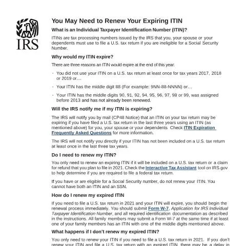 Document preview: Navigating ITIN Renewal with IRS Publication 5257 — Taxes (CERFA n°PUB-5257)