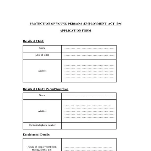 Document preview: Application Form for Protection of Young Persons Employment Act — Work & employment