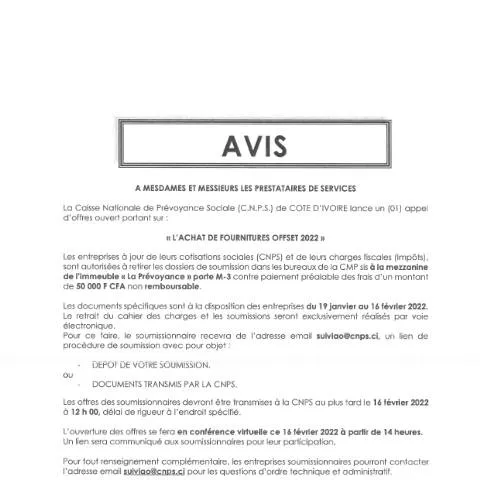 Aperçu du document Appel d'Offre pour Fournitures Offset 2022 de la CNPS — Démarches administratives