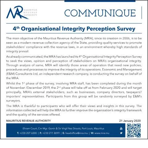 Document preview: Mauritius Revenue Authority Conducts 4th Integrity Perception Survey — Government & admin (CommuniqueIntegrityPerceptionSurvey210120)