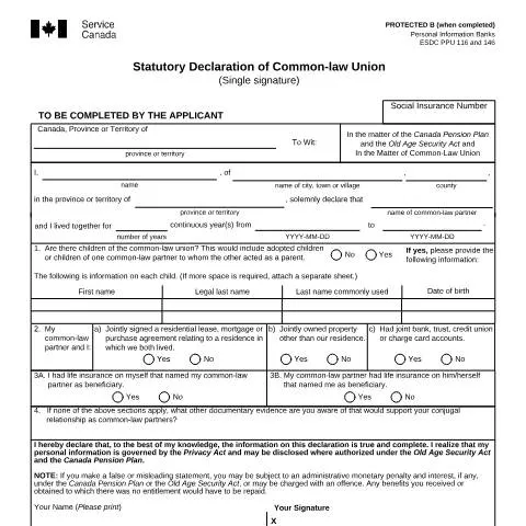 Document preview: Statutory Declaration of Common-law Union (Single Signature) — Civil status & identity (CERFA n°ISP3104OAS)