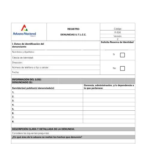 Vista previa del documento Formulario R-530 para Denuncias de Corrupción en la Aduana Nacional — Trámites administrativos (CERFA n°R-530)