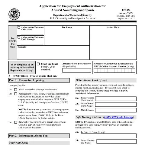 Document preview: Understanding USCIS Form I-765V for Nonimmigrant Spouses — Immigration & visas (CERFA n°I-765V)