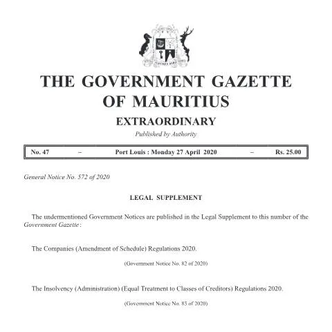 Document preview: Mauritius Gazette Issue 47 - April 2020 Highlights — Government & admin (Extra-Ordinary-Gazette-No.-47-of-27-April-2020)