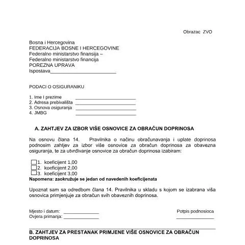 Document preview: Sve o Zahtjevu za Izbor Više Osnovice za Obračun Doprinosa — Pravno i pravda (CERFA n°ZVO)