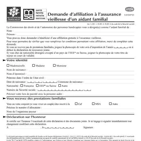 Aperçu du document Droits à la retraite pour les aidants familiaux : mode d'emploi — Aides & prestations sociales (CERFA n°14104*01)