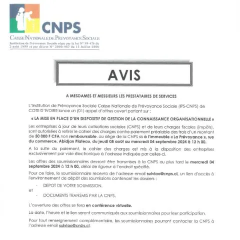 Aperçu du document Opportunité d'Appel d'Offre pour la CNPS en Côte d'Ivoire — Démarches administratives