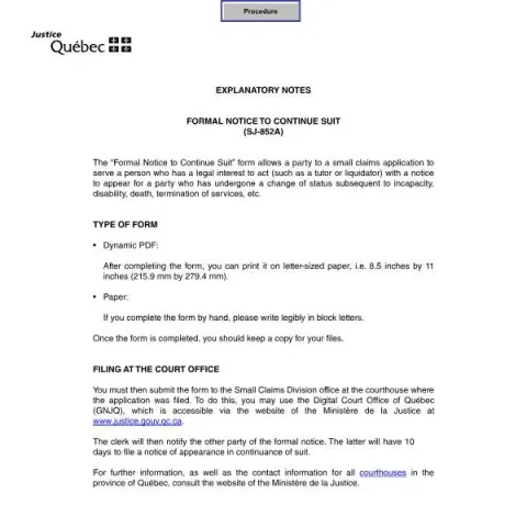 Document preview: Understanding the Formal Notice to Continue Suit (SJ-852A) in Quebec — Legal & justice (SJ-852A)