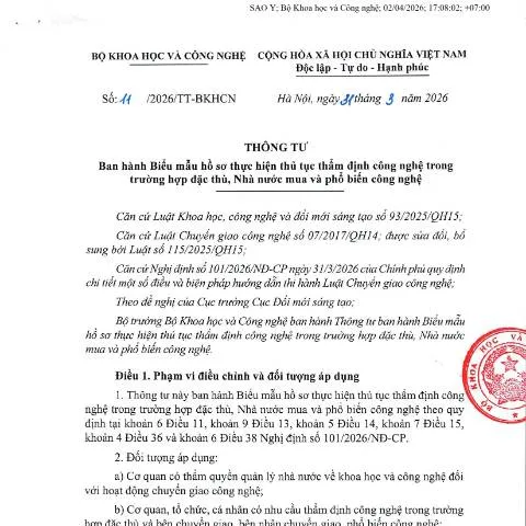 Document preview: Thông tư 11/2026/TT-BKHCN và Biểu mẫu thẩm định công nghệ — Thuế & tài chính (CERFA n°11/2026/TT-BKHCN)