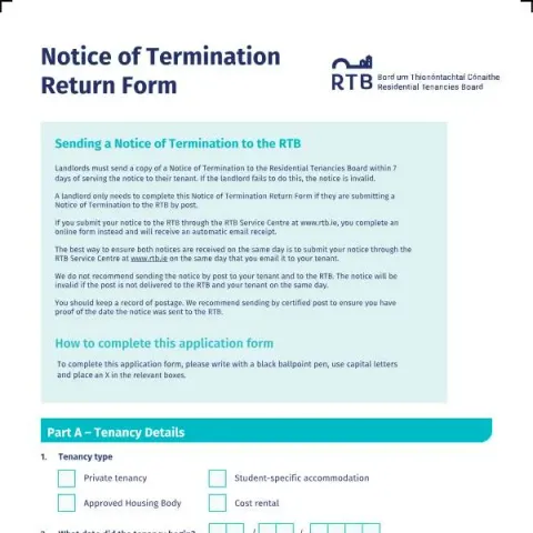 Document preview: Understanding the Notice of Termination of Tenancy in Ireland — Housing (RTB Notice of Termination Return Form)