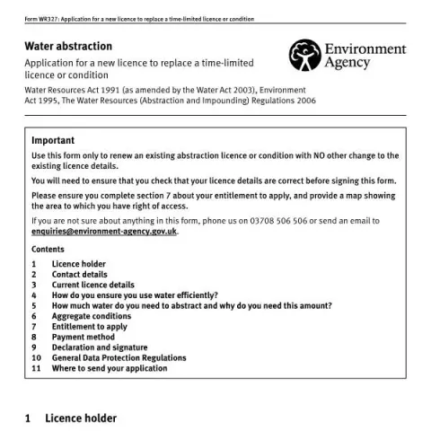 Document preview: How to Renew Your Water Abstraction Licence Before It Expires — Government & admin (WR327)