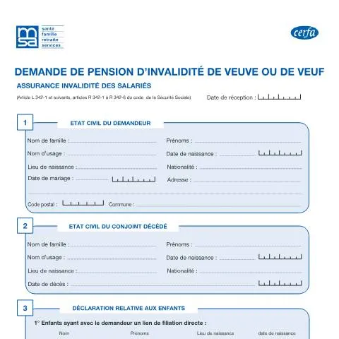 Aperçu du document Comment obtenir une pension d'invalidité de veuf/veuve dans — Santé (CERFA n°14837*01)