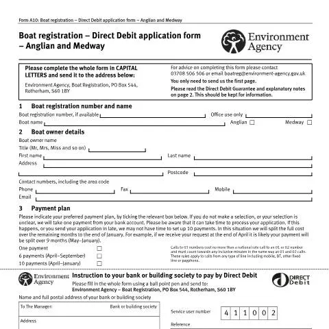 Document preview: Direct Debit Application for Waterway Registration Fees — Vehicle & driving