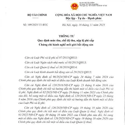 Document preview: Quy định mới về lệ phí cấp chứng chỉ hành nghề môi giới bất động sản — Thủ tục hành chính (CERFA n°109/2025/TT-BTC)