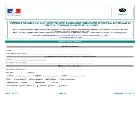 Aperçu du document Adhésion à la Charte sanitaire pour élevages de poules domestiques — Démarches administratives (CERFA n°13991*03)