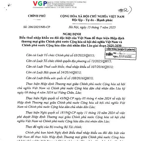 Document preview: Nghị định số 206/2025/NĐ-CP: Công cụ thương mại giữa Việt Nam và Lào — Thủ tục hành chính (CERFA n°206/2025/NĐ-CP)