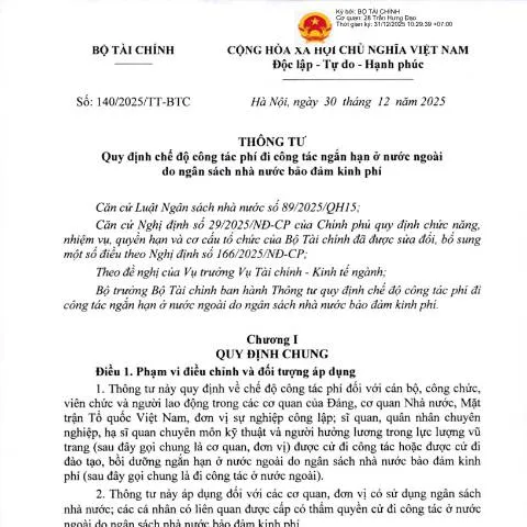 Document preview: Quy định mới về công tác phí ngắn hạn ở nước ngoài — Thủ tục hành chính (CERFA n°140/2025/TT-BTC)
