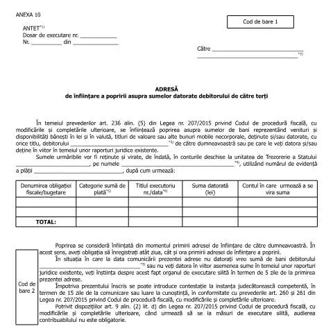 Document preview: Rolul adresării de înființare a popririi în executarea silită — Impozite & fiscalitate (CERFA n°A10_A1_OPANAF%202950_2017)