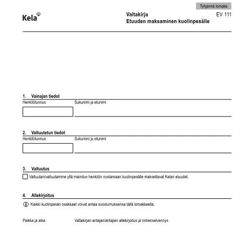 Document preview: Kuolinpesän etuuksien maksaminen valtakirjalla — Hallinnolliset asiat (CERFA n°Kela EV 111)