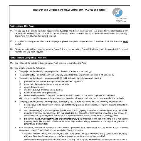 Document preview: Understanding the R&D Claim Form (YA 2018 and Before) in Singapore — Taxes (CERFA n°RND-CLAIM-FORM-(YA-2018-N-BEFORE))