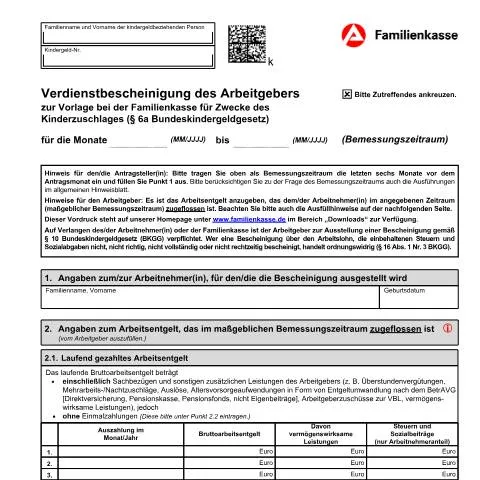 Dokumentvorschau: Verdienstbescheinigung des Arbeitgebers (KiZ 5) für Antragsteller — Arbeit & Beschäftigung (CERFA n°verdienstbescheinigung-kiz5_ba031770)