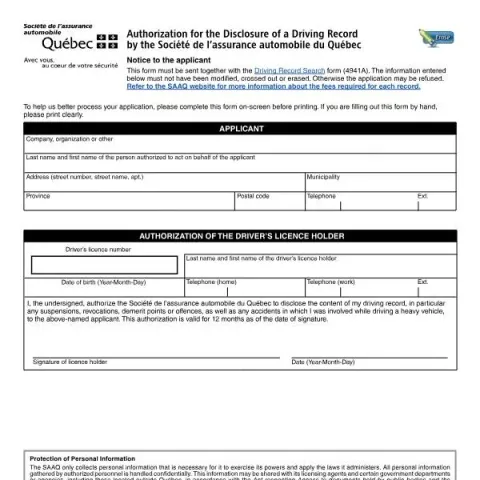 Document preview: How to Authorize the Disclosure of a Driving Record from SAAQ — Vehicle & driving (5981A)