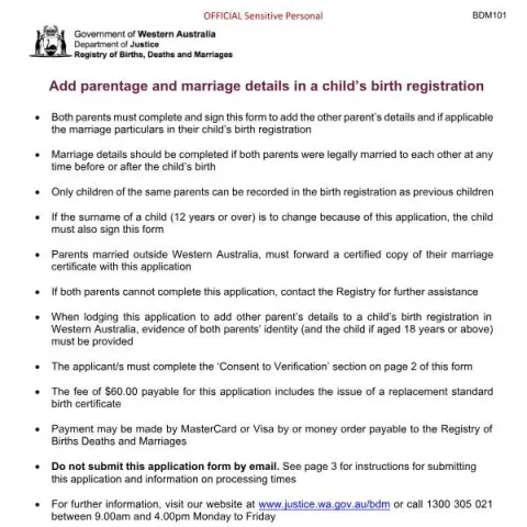 Document preview: How to Update Child Birth Records with Parent Details in WA — Civil status & identity (BDM101)