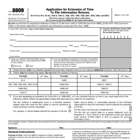 Document preview: Understanding IRS Form 8809: Your Guide to Filing Extensions — Taxes (CERFA n°8809)