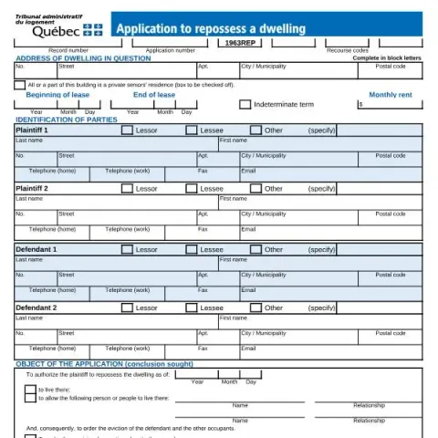 Document preview: Guide to Repossessing a Rental Unit in Quebec — Housing (TAL-102A-E)
