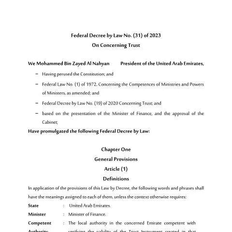 Document preview: Understanding the UAE Federal Decree on Trusts 2023 — Government & admin (CERFA n°Law No (31) of 2023)
