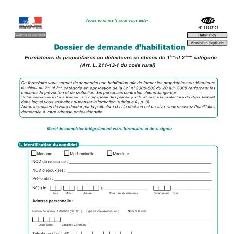 Aperçu du document Demande d'habilitation formateur canin : guide complet 2024 — Études & formation (CERFA n°13927*01)