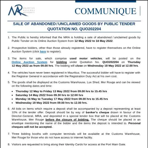 Document preview: Guide to Bidding on Abandoned Goods in Mauritius — Government & admin (CommuniqueQUO202204)
