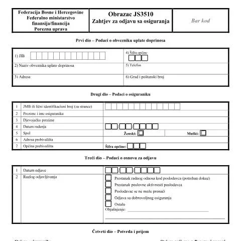 Document preview: Proces odjave sa osiguranja u Bosni i Hercegovini — Administrativne procedure (CERFA n°JS3510)