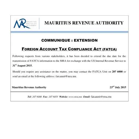 Document preview: Understanding the FATCA Extension for Mauritius Residents — Government & admin (FATCAExtension230715)