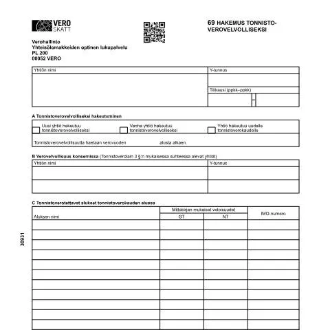 Document preview: Tonnistoverovelvolliseksi hakeminen Suomessa — Verot & verotus (CERFA n°Vero 3093)