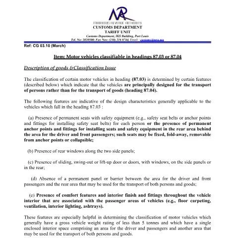 Document preview: Understanding Motor Vehicle Classification in Mauritius — Government & admin (MotorVehiclesAnchorPoints)