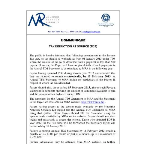 Document preview: Mauritius Tax Deduction at Source (TDS) Implementation Update 2013 — Taxes (CERFA n°CommuniqueTDS2013)