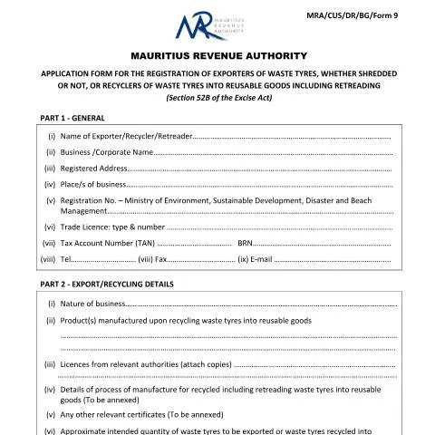 Document preview: Essential Registration for Waste Tyre Exporters and Recyclers — Customs & trade (CERFA n°MRA-CUS-DR-BG-Form9)