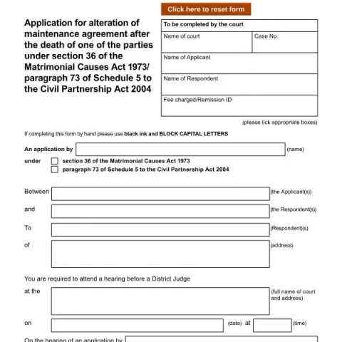 Document preview: How to Apply for Maintenance Adjustment After a Party's Death — Family (D50D)
