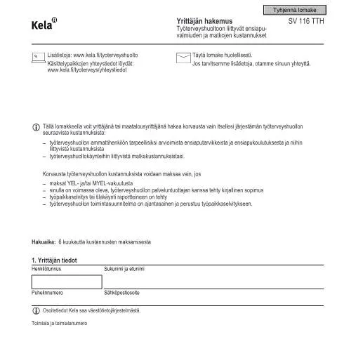 Document preview: Työterveyshuollon ensiapuvalmiuden hakemus yrittäjille — Terveys (CERFA n°Kela SV 116 TTH)
