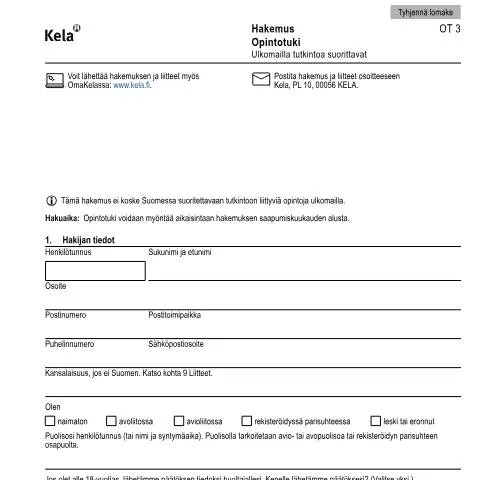 Document preview: Opintotuen hakeminen ulkomailla - Kela OT 3 — Opiskelu & koulutus (CERFA n°Kela OT 3)