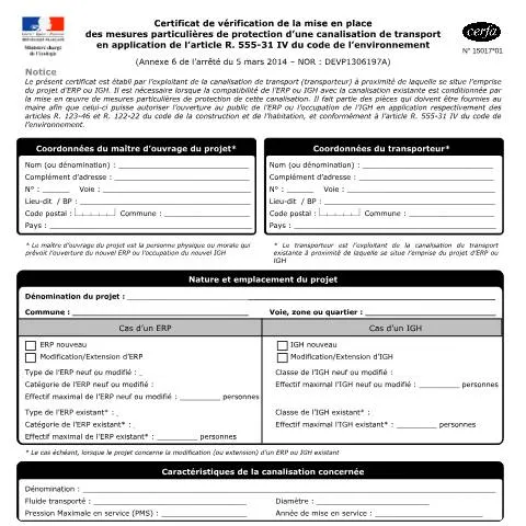 Aperçu du document Mesures de protection des canalisations : le certificat 15017*01 — Démarches administratives (CERFA n°15017*01)